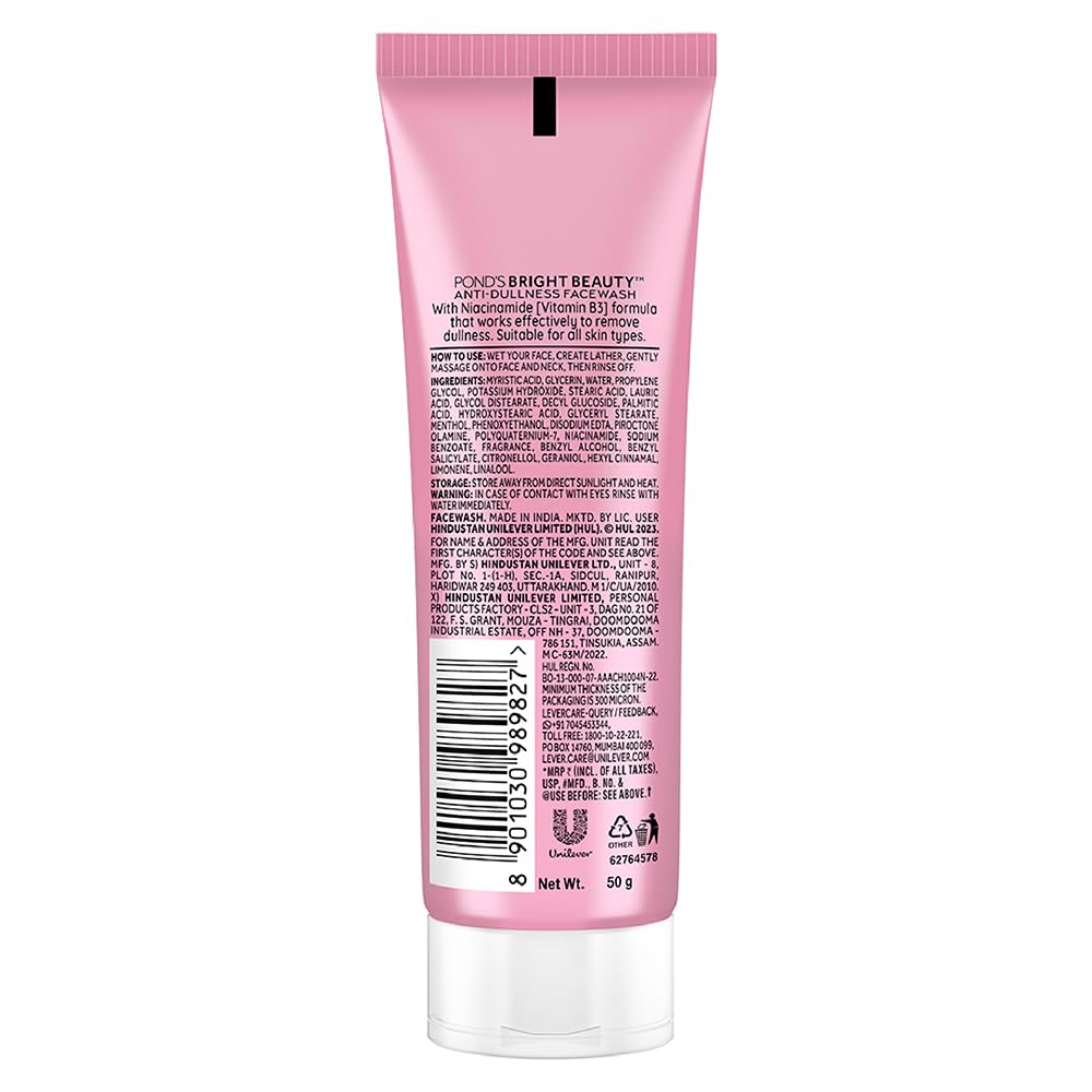 POND'S Bright Beauty Anti-Dullness & Brightening Facewash With Niacinamide | For Glass-Skin Like Shine And With 4X Visibly Brighter Skin, 50Gm (Pack of 2) 50 g