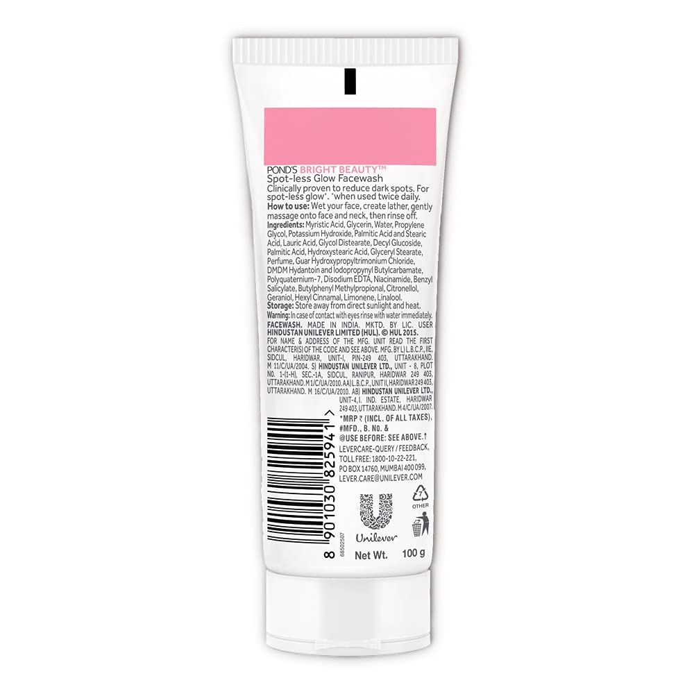 Pond'S Bright Beauty Spot-Less Glow Facewash With Vitamins, Removes Dead Skin Cells & Dark Spots, Double Brightness Action, All Skin Types, 100 g