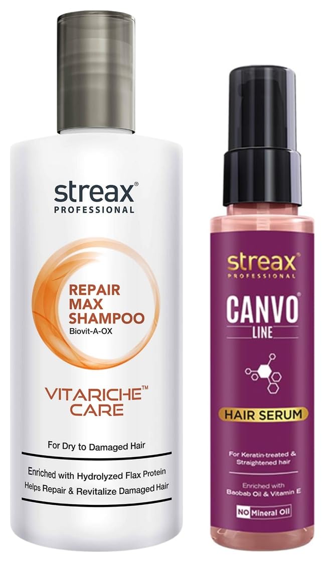 Streax Professional Vitariche Care Repair Max Shampoo For Women| Mild Shampoo For Dry, Damaged Hair, 300ml Canvoline Hair Serum for women | 100 ml