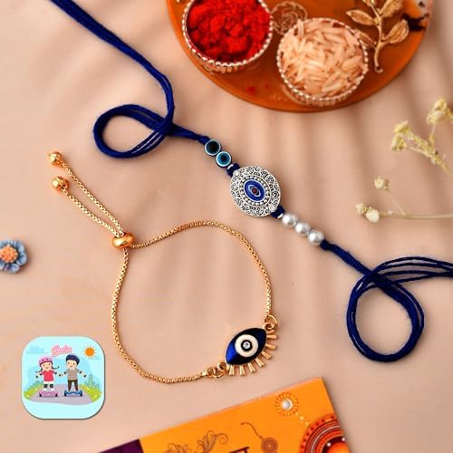 CraftVatika Bhaiya Bhabhi Evil Eye Rakhi Magnet Combo Set for Brother Designer Rakhi for Unisex Adult Rakshabandhan Bracelet Evil Eye Hand Set with Gift C1- Evi