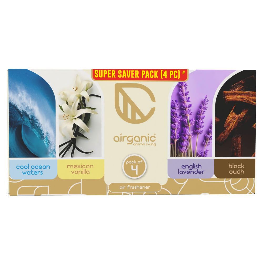 Airganic Aroma Swing - Pack of 4 (40 ml) - Combo: Cool Ocean, Mexican Vanilla, Lavender & Black Oudh Car Perfume | Aroma Essential Oils in Glass Bottle with Woo