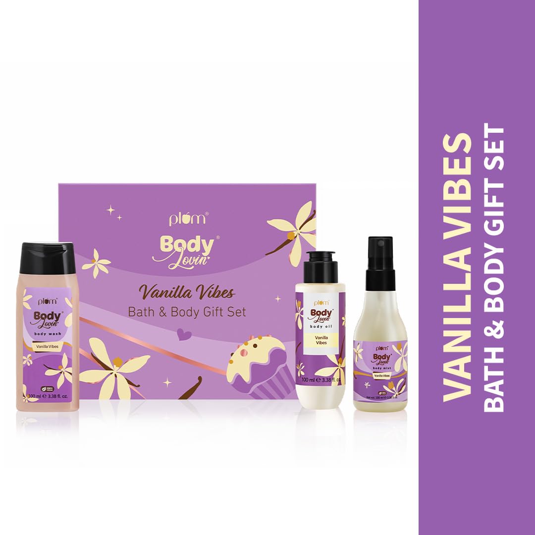 Plum BodyLovin' Vanilla Vibes Bath & Body Gift Set | Wash | Mist | Oil | Long-Lasting Fragrance | For Women | Gifting For Rakhi & Special Occasions| Pack Of 3
