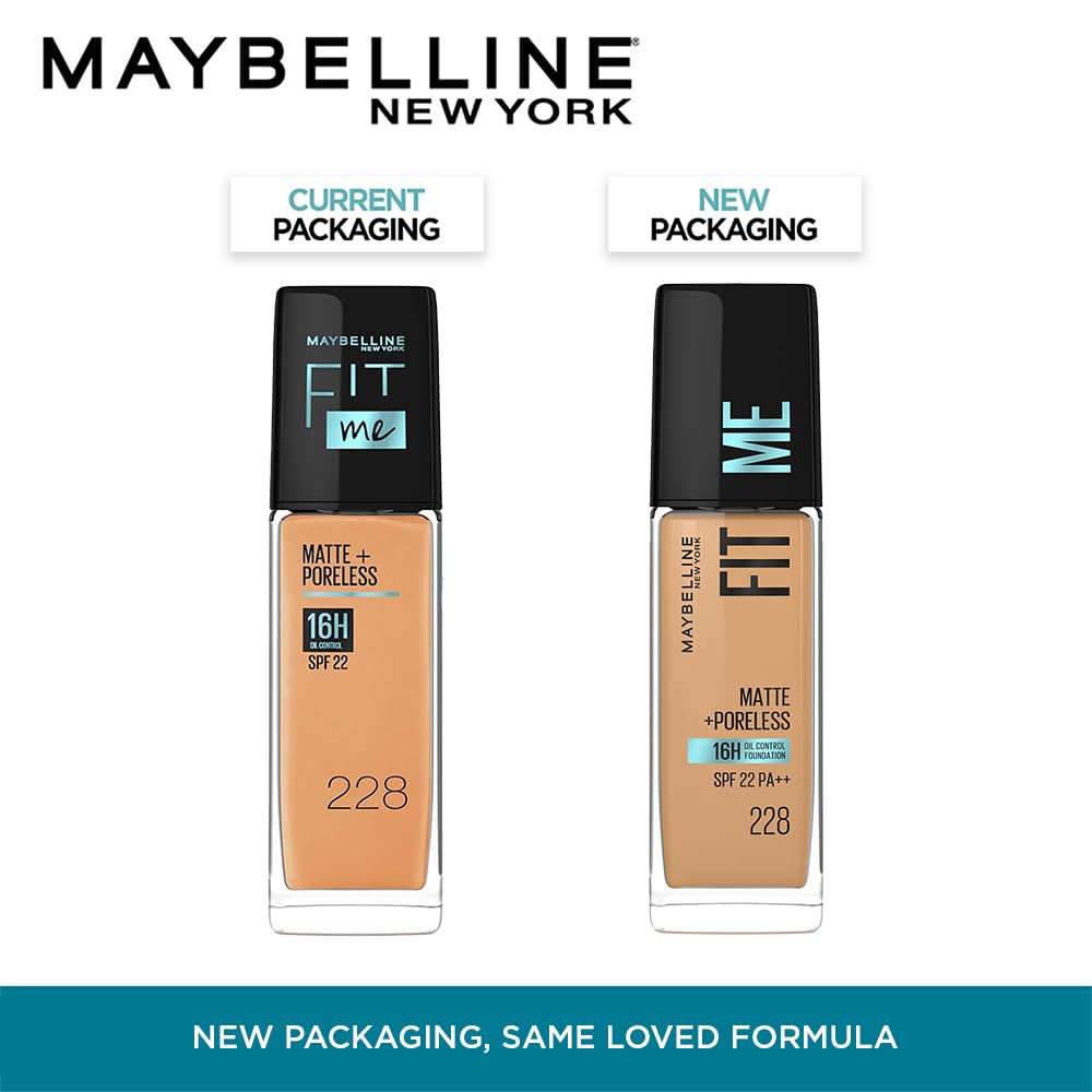 Maybelline New York Fit Me Matte + Poreless Liquid Foundation, pore minimising lightweight formula suitable for daily use and Indian Skin - 228 Soft Tan, 30 ml