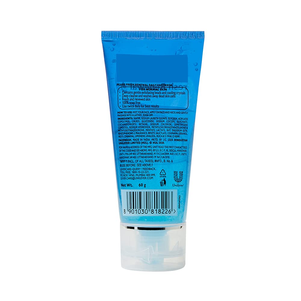 Pears Fresh Renewal Gentle Ultra Mild Daily Cleansing Facewash|| Exfoliates Skin Leaving Cooling Effect|| Balances PH|| 100% Soap Free|| 60 g 60 g (Pack of 1)