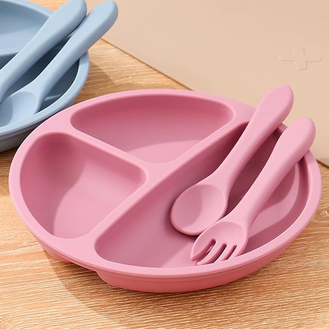 Sakoraware Silicon Bowl Plate Combo with Spoon and Fork for Babies Kids |Lightweight Sunction Base Easy to Hold Gentle on Gums for Infants |Microwave & Dishwash