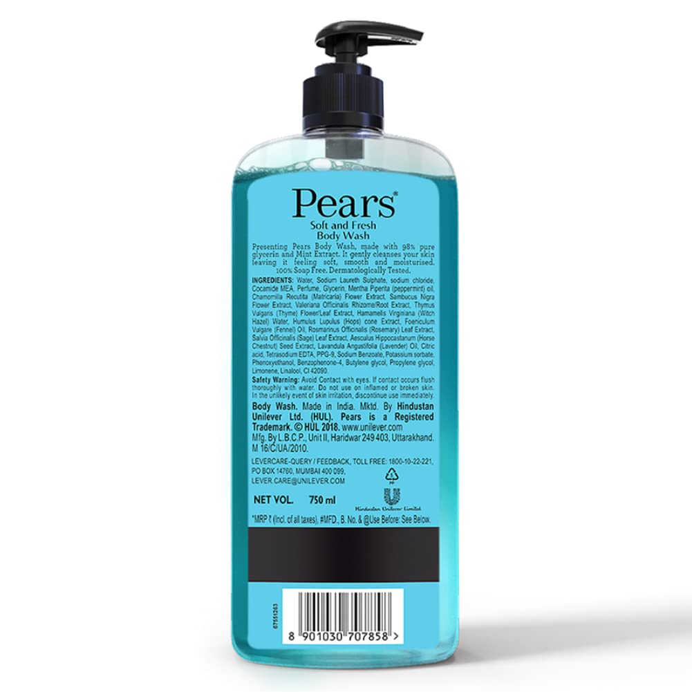 Pears 98% Pure Glycerin Soft & Fresh Glow Body Wash with Mint Extract and 0% Parabens & Soap for Freshness & Glow, 750 ml 750 ml (Pack of 1)