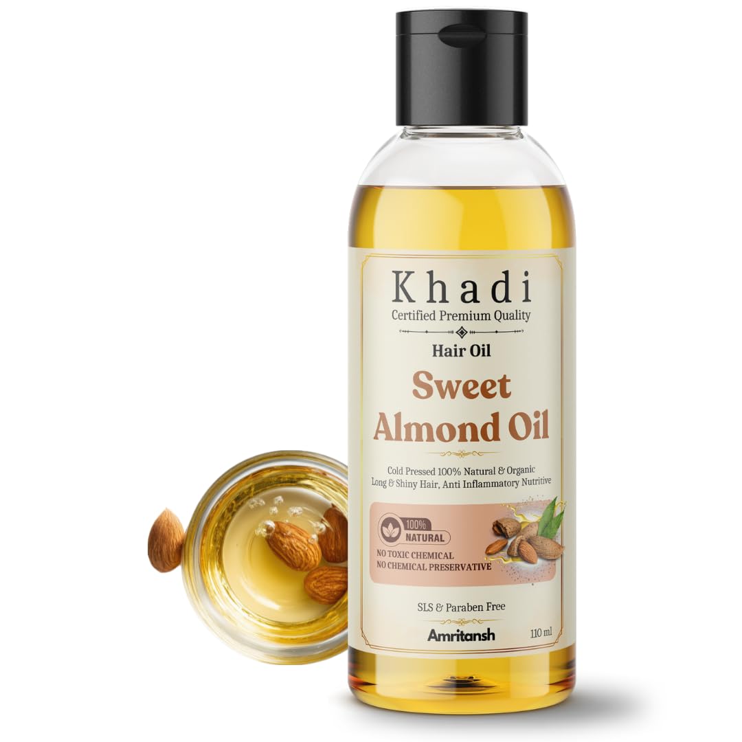 Khadi Natural Sweet Almond Hair Oil | Cold Pressed 100% Natural & Organic Hair Oil for Long & Shiny Hair | Khadi Hair Oil for Women & Men | 110 ml | Amritansh S