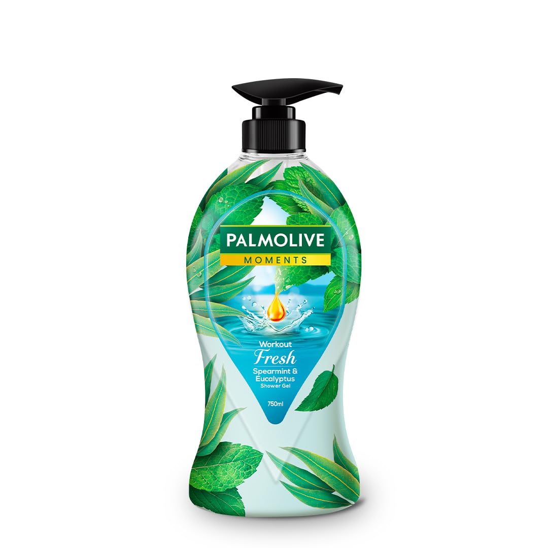 Palmolive Workout Fresh Body Wash, 750ml Shower Gel Single Pump Bottle, 100% Natural Eucalyptus & Spearmint Extracts, pH Balanced Bodywash, Free of Parabens & S