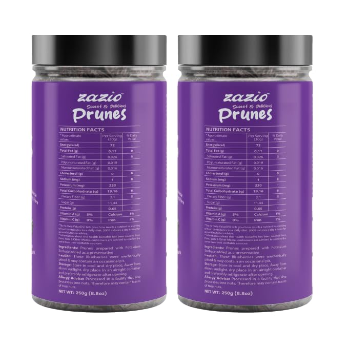 Zazio Dried Prunes | RICH, SWEET & NATURALLY WHOLESOME PLUMS | Antioxidant Rich, Super Food, Dried Prunes, Pitted Prune | 250gm (Pack of 2)