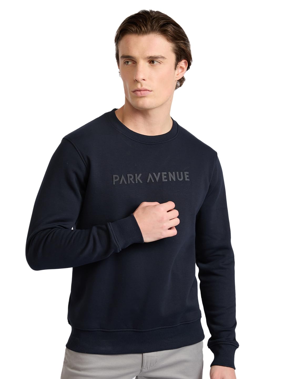 Park Avenue Men Full Sleeve Slim Fit Solid Pattern Cotton Polyester Blend Regular Neck Regular Neck Casual Sweatshirt 42 Fancy Blue