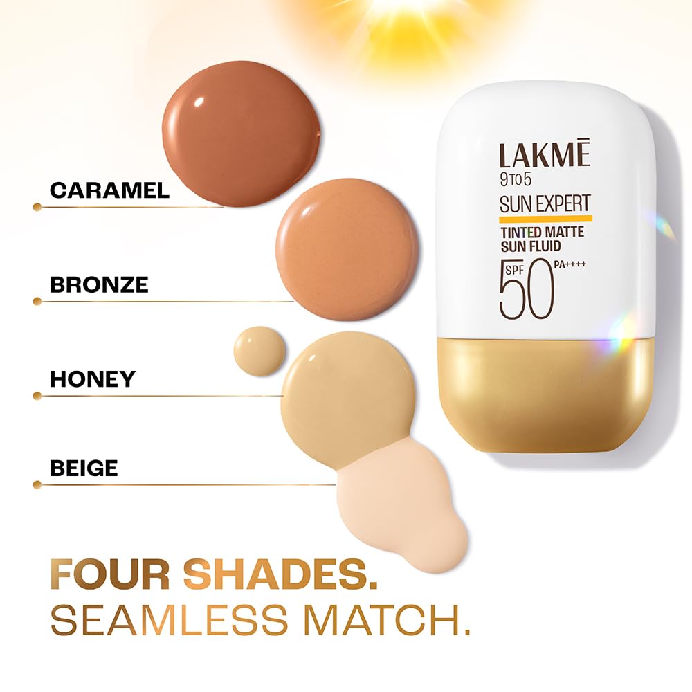 Lakme Sun Expert Tinted Dry Matte Sunscreen Fluid SPF 50+ PA++++ | 1% Ceramide Complex for Skin Barrier Repair | Sheer Coverage Foundation Like Finish – Bronze