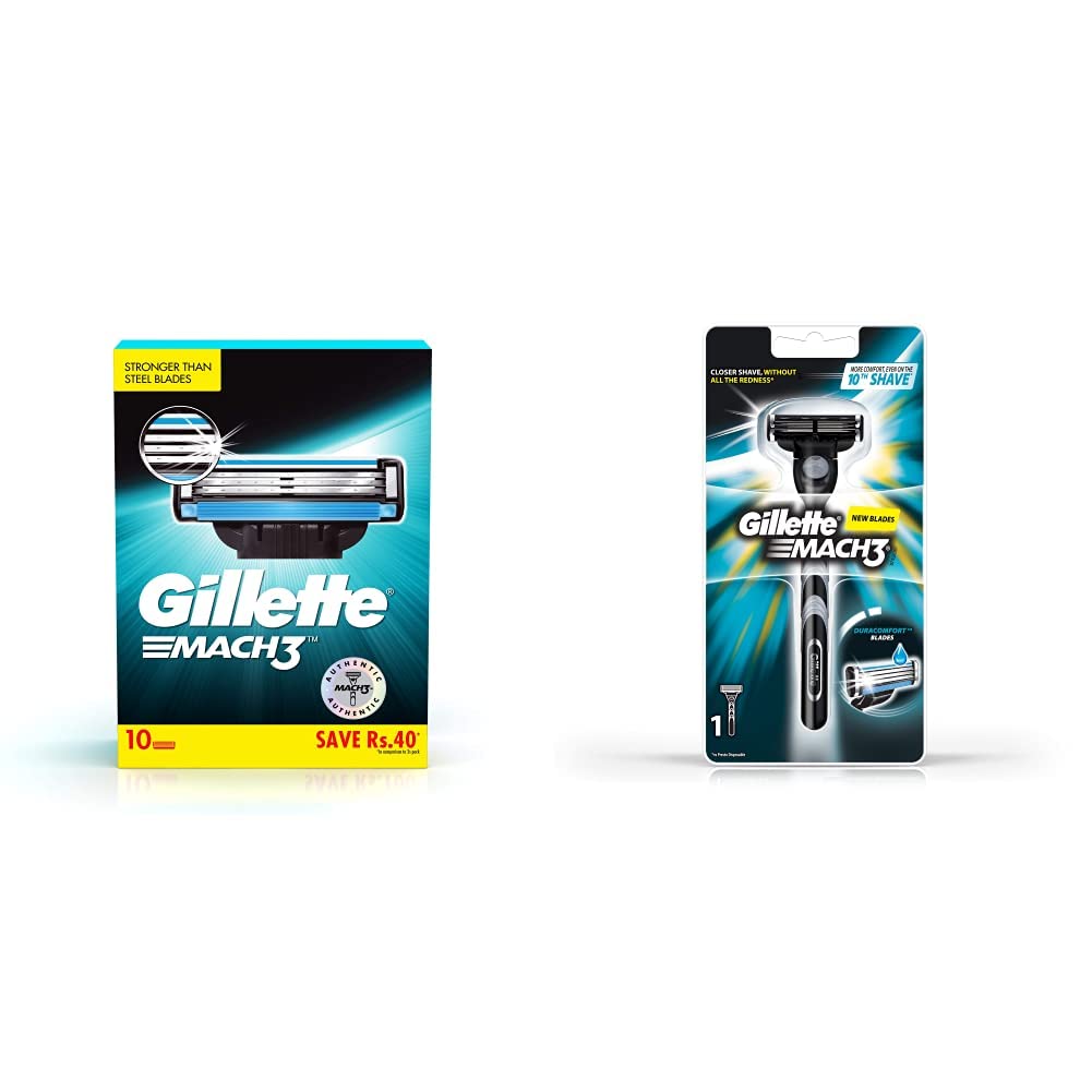 Gillette Mach 3 Shaving Blades- Pack of 10 (Cartridges) & New Blade Razor - 1 Count