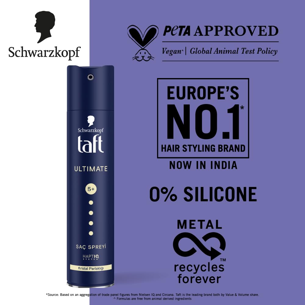 TAFT Schwarzkopf Ultimate Hair Spray For Hair With Crystal Shine | Hold 5+ For 72H hold | Protects From Wind And Humidity | No Stickiness | Easy To Brush Out |