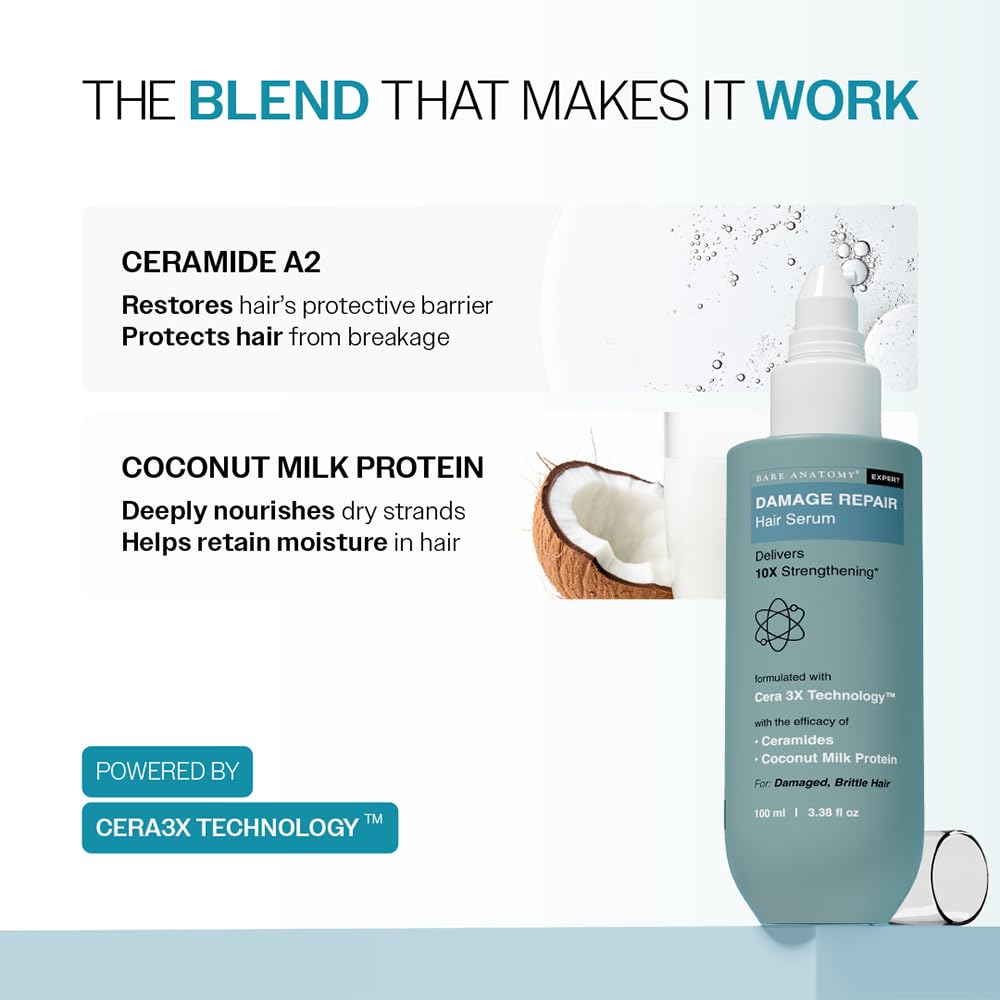Bare Anatomy Damage Repair Hair Serum, Powered by Cera3x Technology Delivers 3x Hair Strengthening, Serum for Smoothing for Dry and Frizzy Hair, 100ml