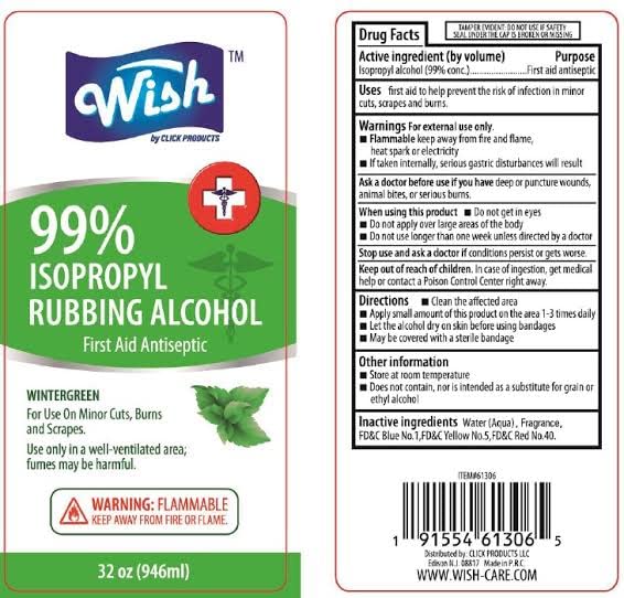 WISH (American Brand) Sanitizer 99% Iso Propyl Rubbing Alcohol with Wintergreen Oil, No artificial colour, 355 ml. Anti Germ Disinfectant. Good cleaning agent f