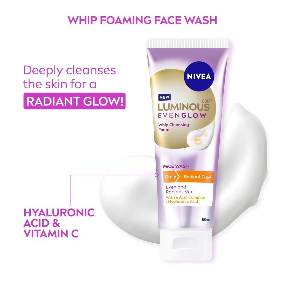 NIVEA Luminous Vitamin C - Whip Foaming Face Wash for Brightness & Radiant Glow, 100 ml | Cleanses, Brightens, Unclogs Pores & Hydrates | Removes Make Up | For