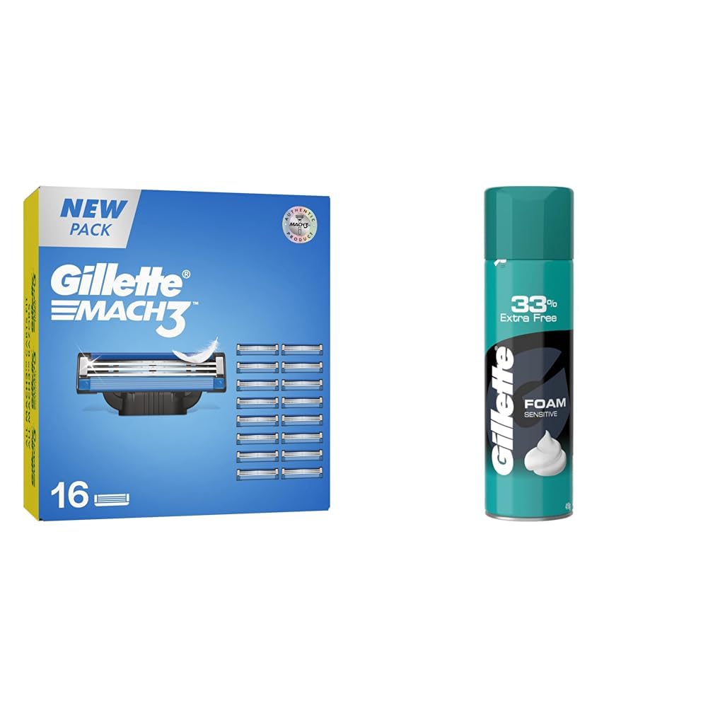 Gillette Men Mach 3 Shaving Blades- Pack Of 16 (Cartridges) & Classic Sensitive Shave Foam - 418 G (33% Extra)