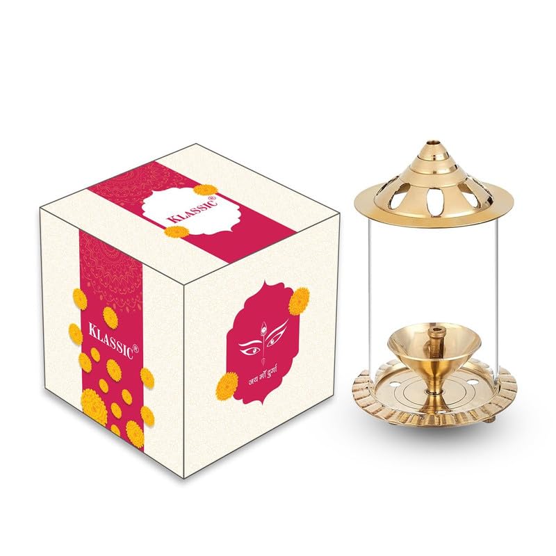 Klassic 4 Inch Navjyoti Akhand Diya with Borosilicate Glass Shade | Pure Brass Oil Lamp for Mandir, Pooja, Daily Prayer, Diwali, Prayer Room, Wick Holder Festiv