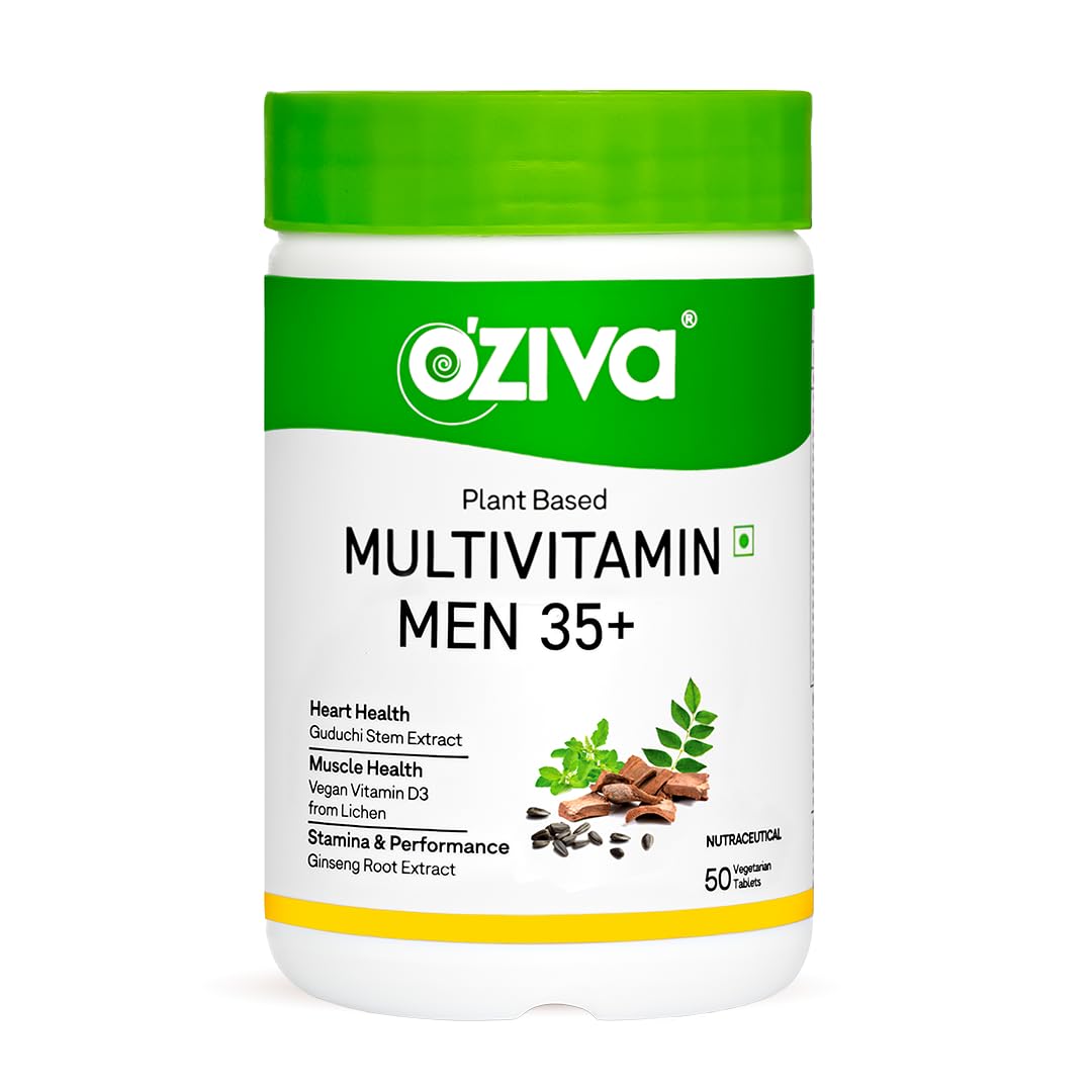 OZiva Plant Based Multivitamins for Men 35+| For Heart & Muscle Health, Stamina & Performance| With Guduchi Extract, Vegan Vitamin D3, 50 Vegetarian Tablets Pac