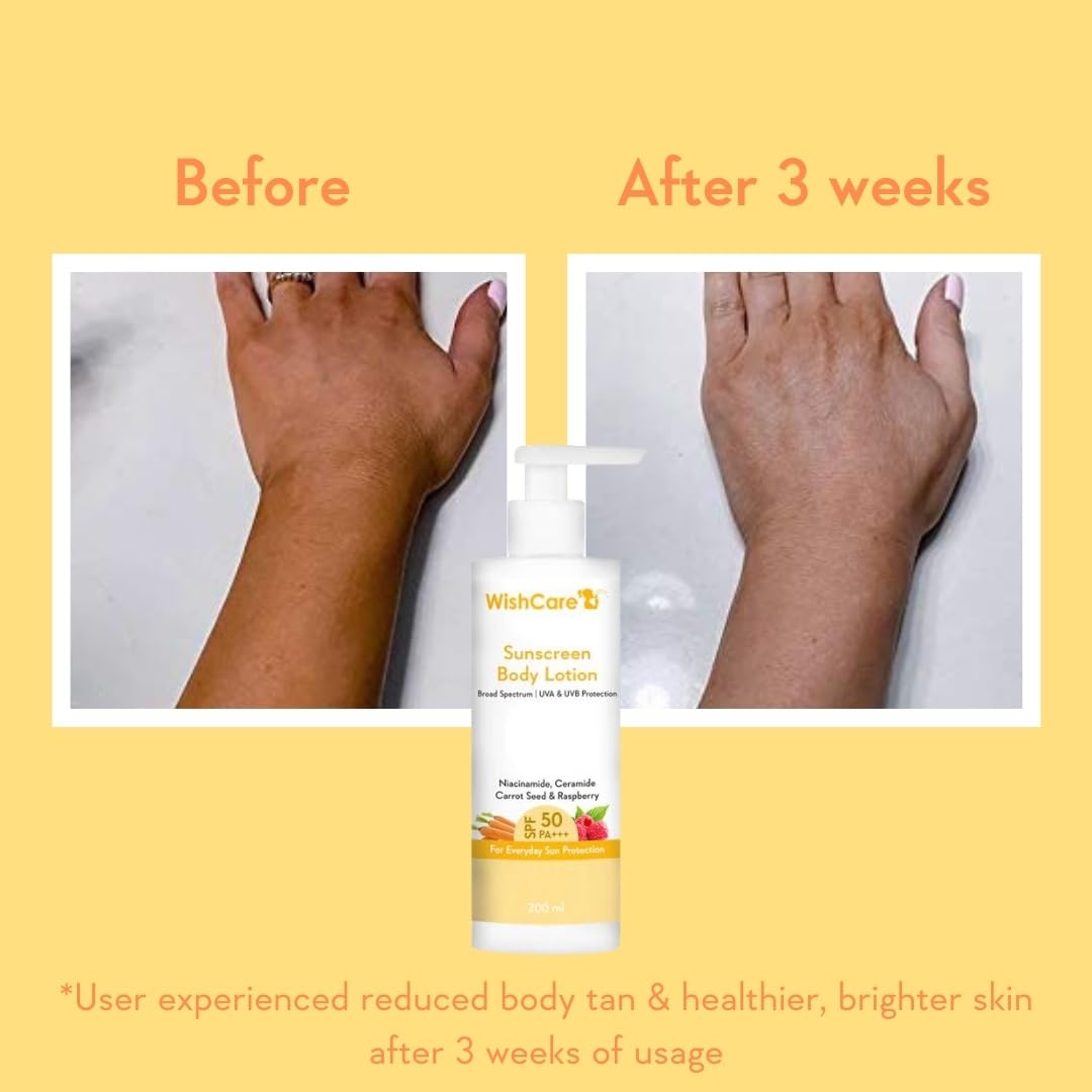 WishCare Sunscreen Body Lotion with SPF 50 PA+++ In- Vivo Tested | Body Sunscreen With Broad Spectrum UVA & UVB Protection, No White Cast | With Carrot Seed & Raspberry | For All Skin Types | For Women & Men | 200ml