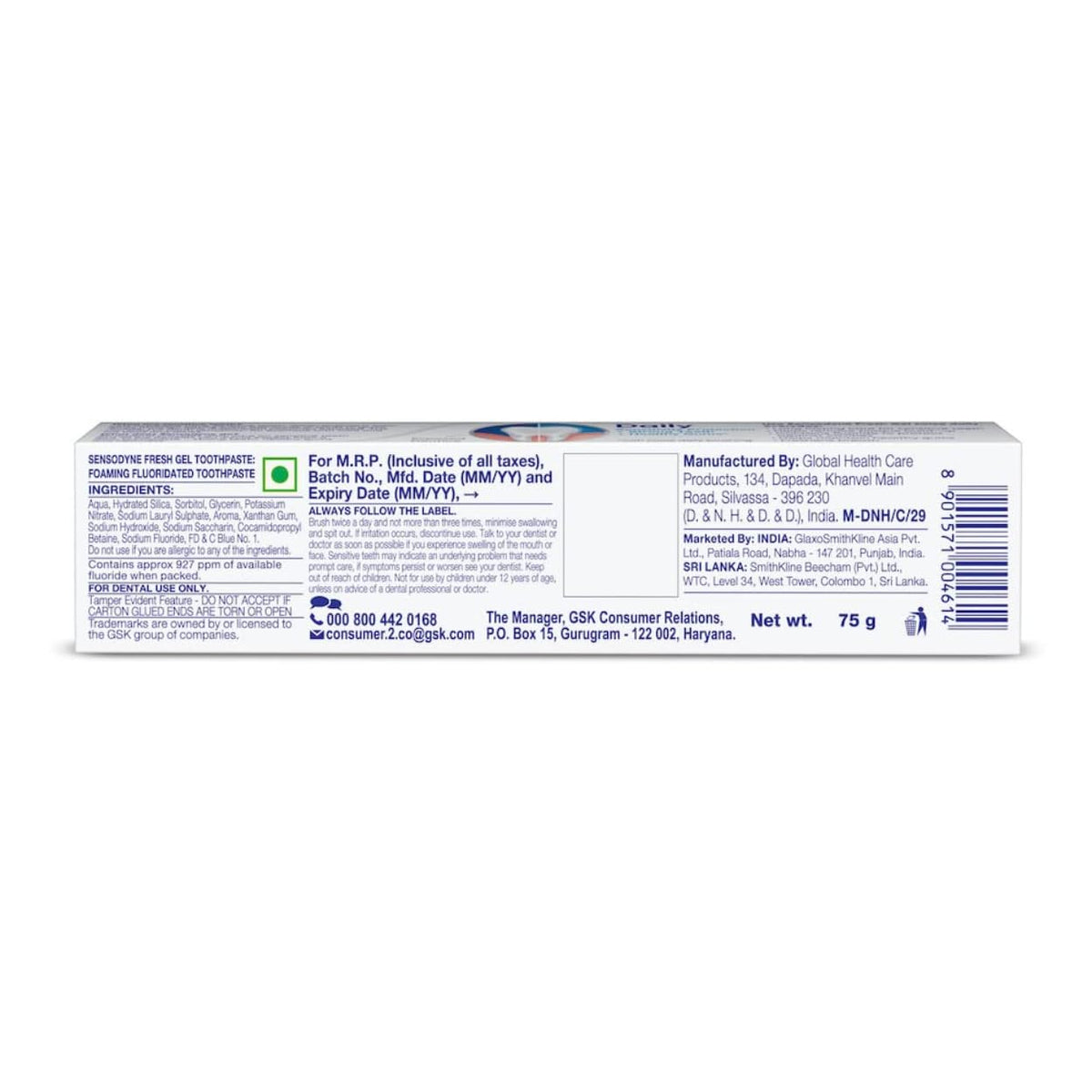 Sensodyne Toothpaste Fresh Gel | Daily Sensitivity Relief Tooth Paste Pack of 1 - 75gm | Dentist Recommended | Everyday Use Paste, Fresh Breath, Fights Tooth De