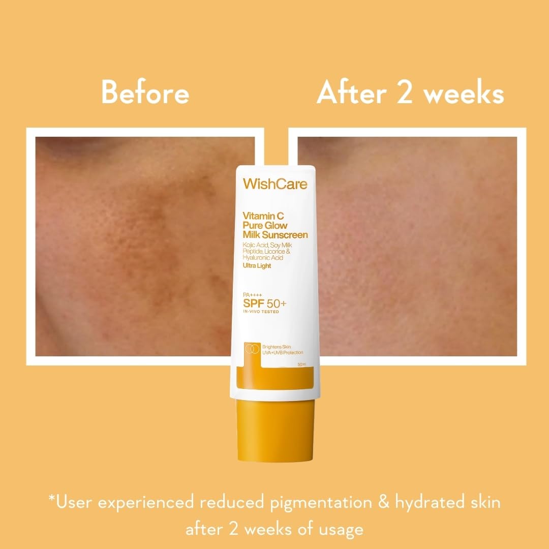 WishCare Vitamin C Sunscreen SPF 50 PA++++ | Pure Glow Milk | Oil Free | No White Cast | 50g