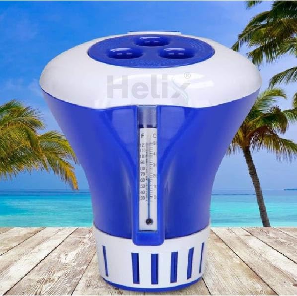 Helix Swimming Pool Chemical Floating Chlorine Tablets Dispenser with Thermometer for Swimming Pools, Spas, Hot Tubs, Fish Ponds & Aquarium.