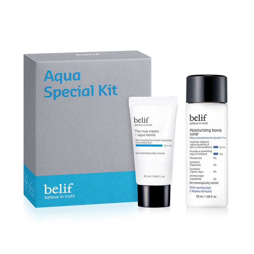 Belif Aqua Special Kit | Hydrating Duo with Aqua Bomb Cream (25ml) & Moisturizing Bomb Milky Toner (50ml) | Lightweight Hydration, Plump & Radiant Skin | Travel