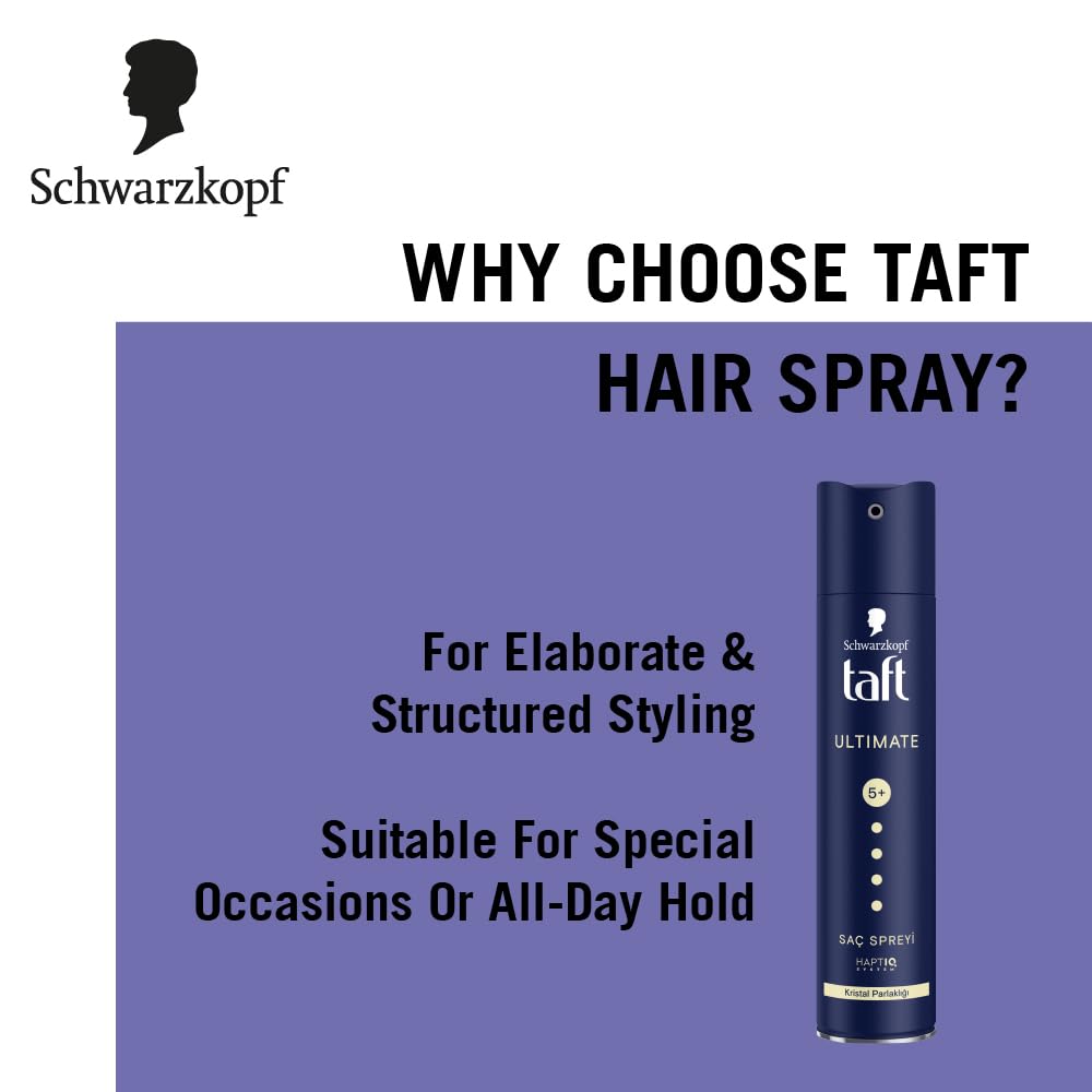 TAFT Schwarzkopf Ultimate Hair Spray For Hair With Crystal Shine | Hold 5+ For 72H hold | Protects From Wind And Humidity | No Stickiness | Easy To Brush Out |
