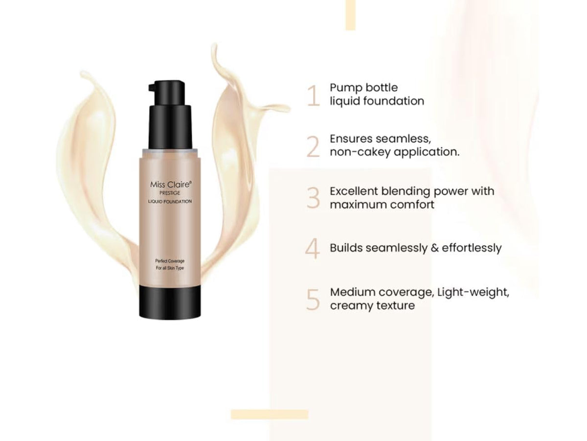 Miss Claire Prestige Liquid Foundation Perfect Coverage, 21 Natural Beige, 35 ml