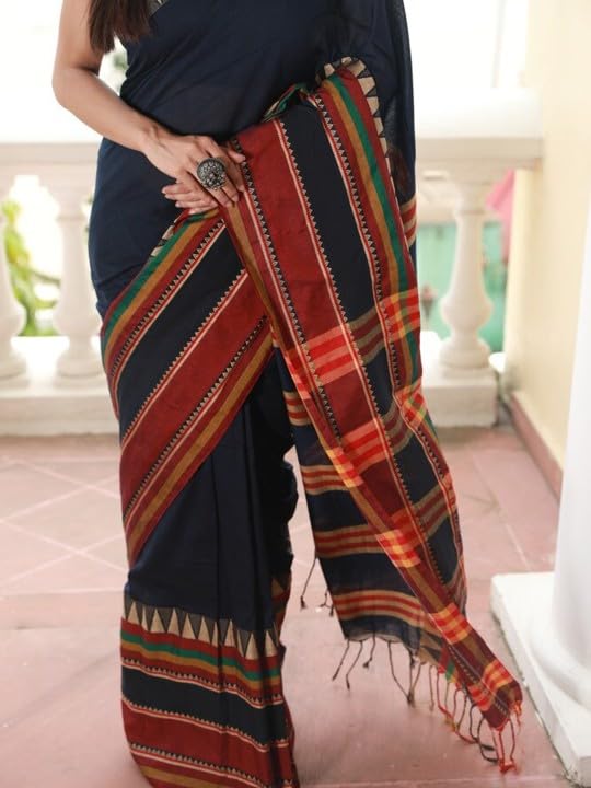 Traditional Cotton Khadi Handloom Saree, Brown with Geometric Border, Cotton Blend, Traditional Style, Rahina Model, Formal Wear BLUE