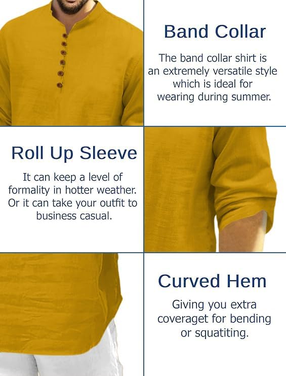 Men's Casual Cotton Blend Short Short Long Sleeve Mandarin Collar Kurta Shirt Elegant Kurta Shirt X-Large Gold