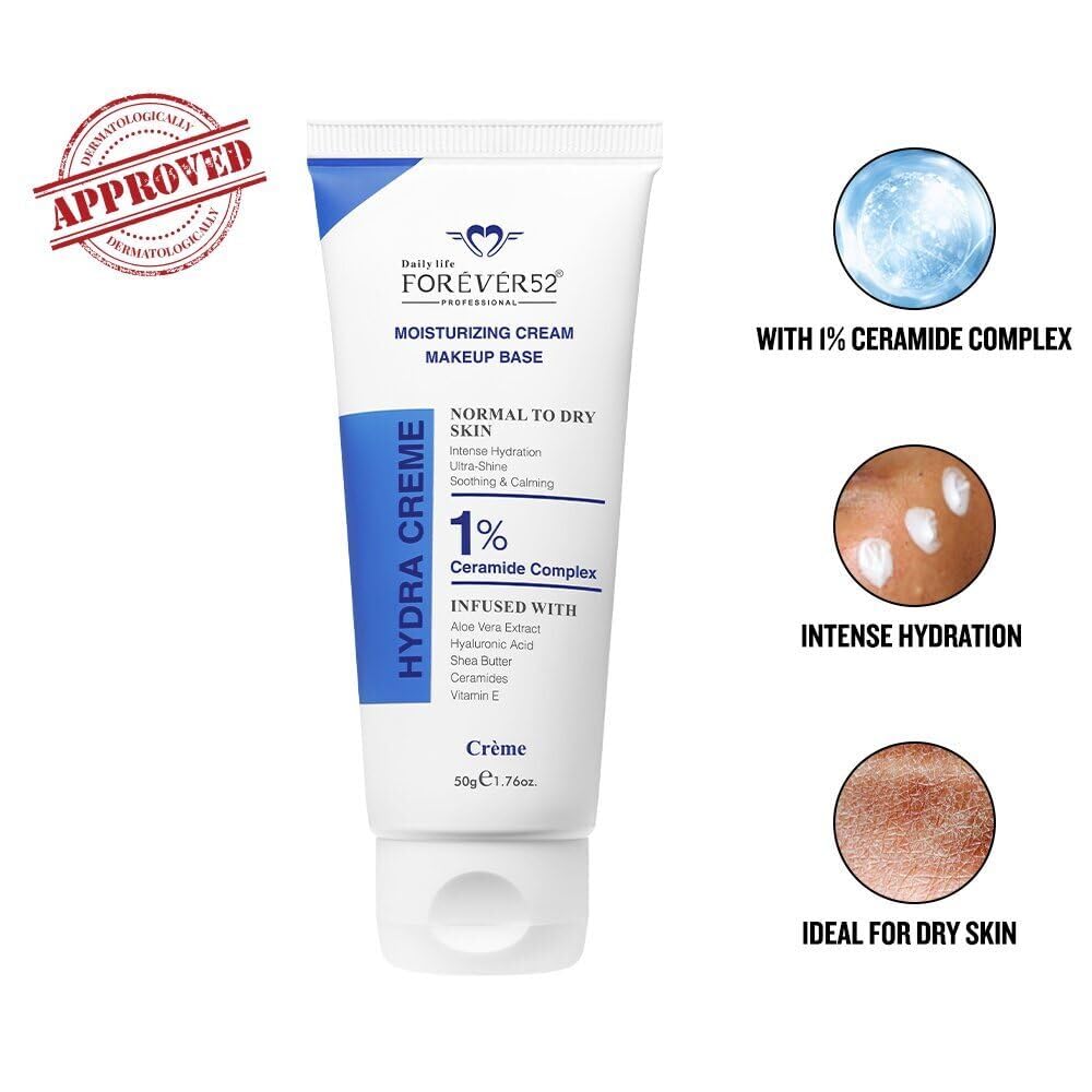 Daily Life Forever52 Hydra Creme Moisturizing Cream + Makeup Base with 1% Ceramide Complex | Hydrating Primer with Hyaluronic Acid, Shea Butter & Vitamin E | Smooth Base for Normal to Dry Skin | 50 g