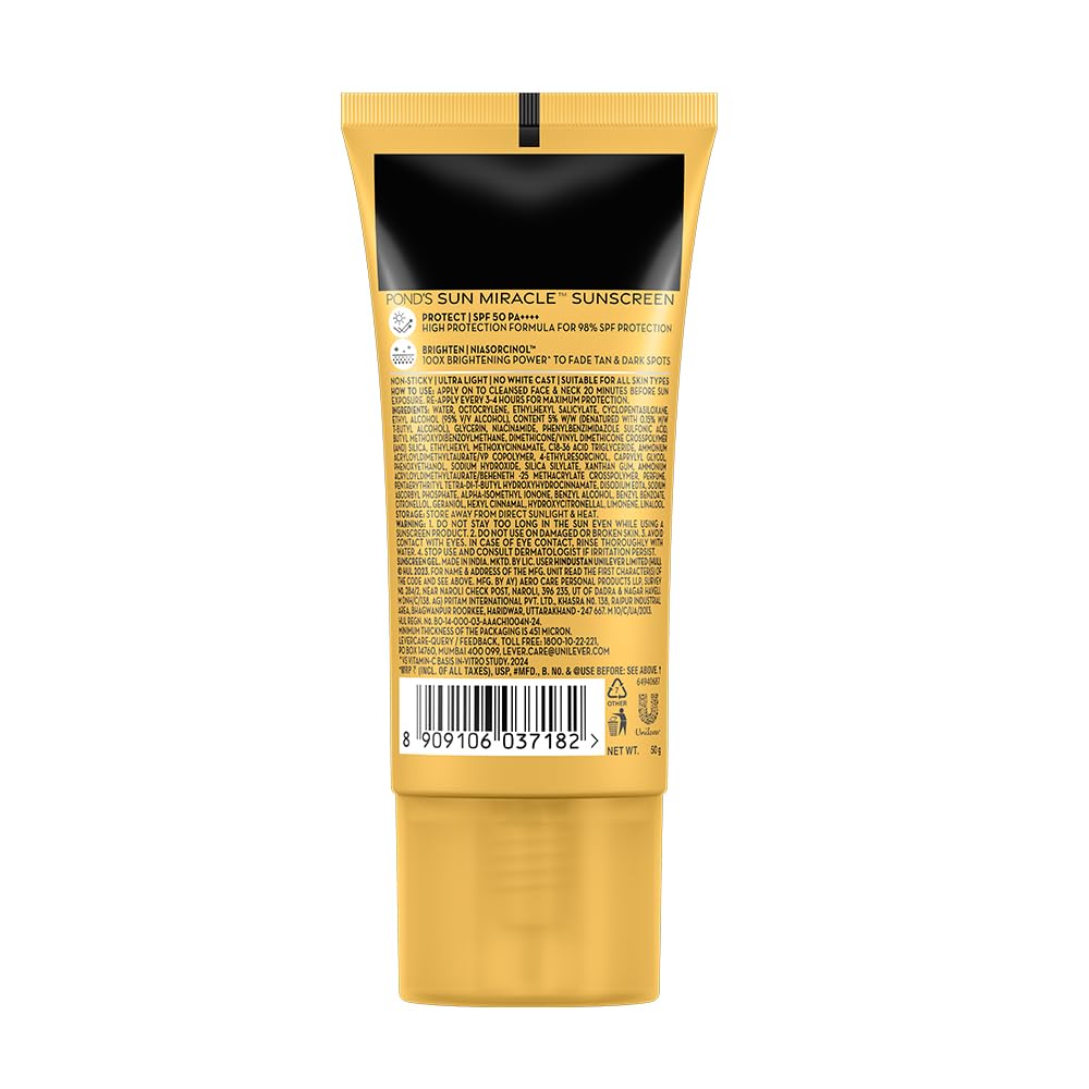 POND’S Sun Miracle SPF 50 PA+++ Crème Gel Sunscreen -Protect & Bright, With 3% Niacinamide, Fade Dark Spots in 4 Weeks, Lightweight, No White Cast 100g 100 g (P
