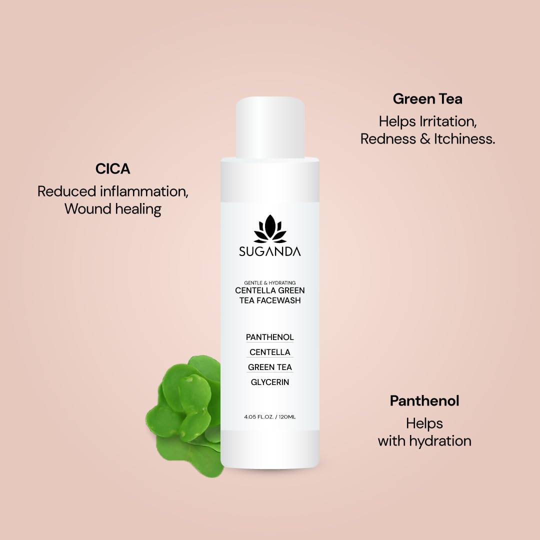 Suganda Centella Green Tea Face Wash | Gentle Hydrating Cleanser with Panthenol & CICA | Sulfate-Free Daily Face Wash for Oily, Sensitive & Acne-Prone Skin | Removes Dirt, Oil & Makeup | 120 ml