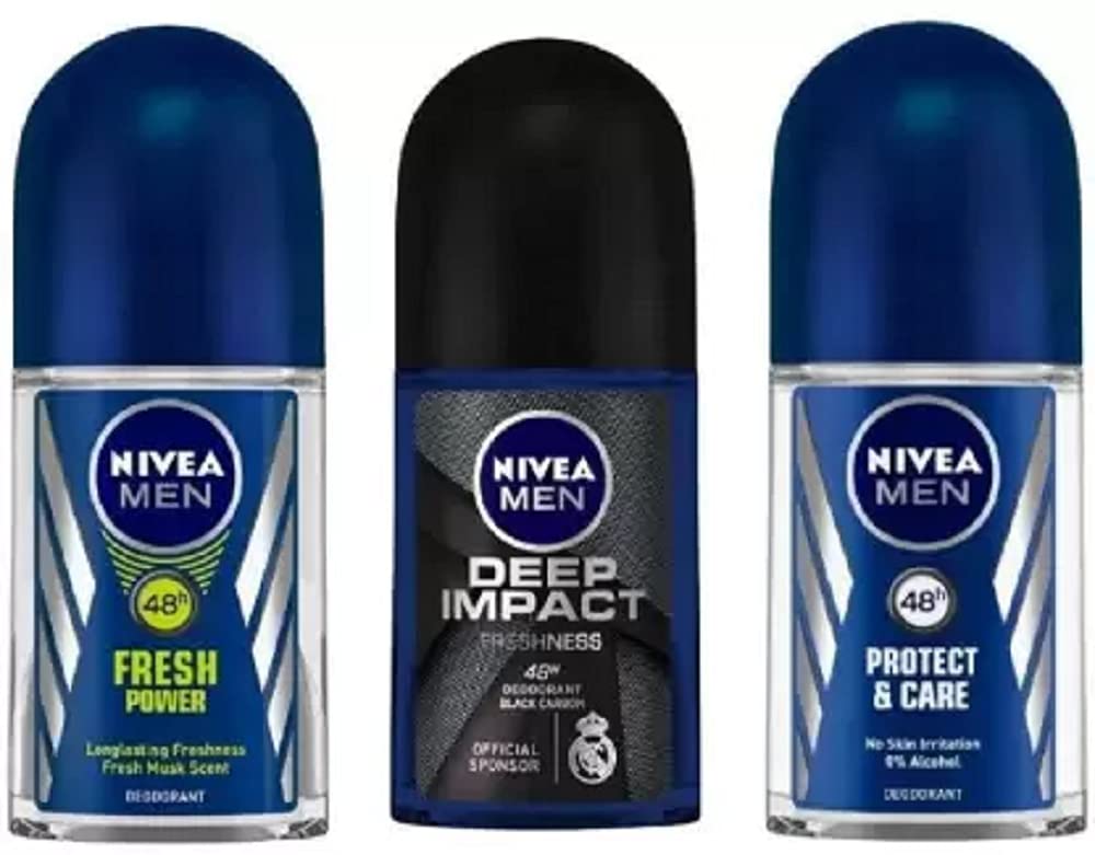 NIVEA Deodorant Roll-On Combo, Fresh Power, Deep Impact, Protect & care, 50 Ml Each Deodorant Roll-on - For Men (150 ml, Pack of 3) Fresh 1 count (Pack of 3)