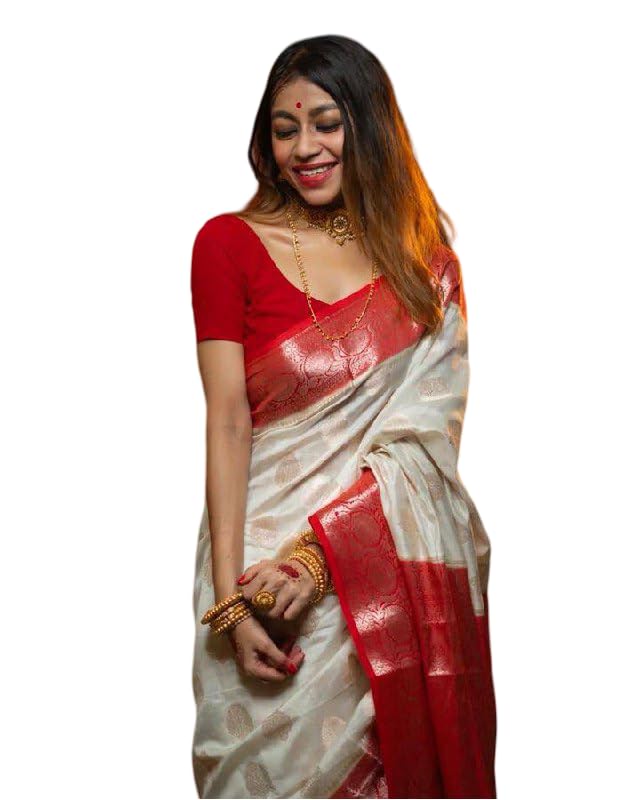 Women's Birch Off-white and Red Zari Woven Kanjivaram Saree With Blouse