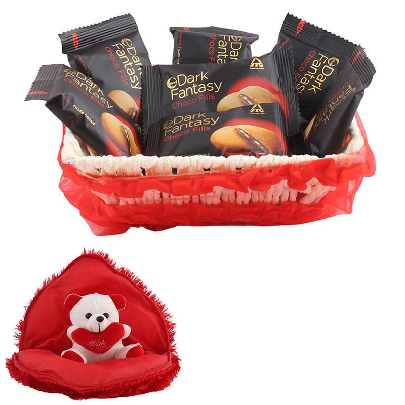 Sunfeast Dark Fantasy Coockies Gift Hamper | Bear In Heart Cusion Teddy With Chocolate | Valentine Chocolate Hamper | 811162