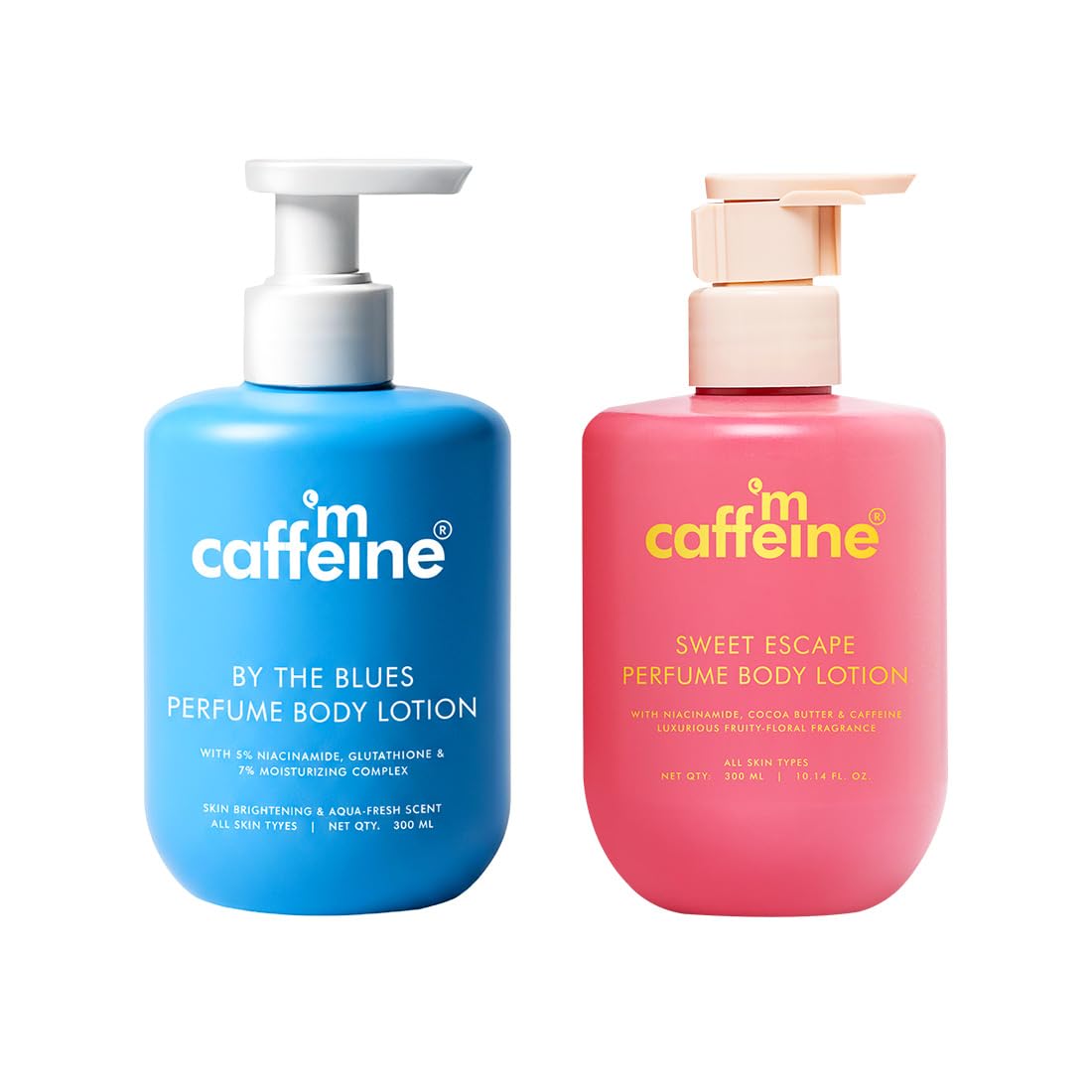 mCaffeine By the Blues Brightening Perfume Body Lotion & Sweet Escape Perfume Body Lotion | Niacinamide, Cocoa & Shea Butter | Deeply Moisturizes, Evens Skin To