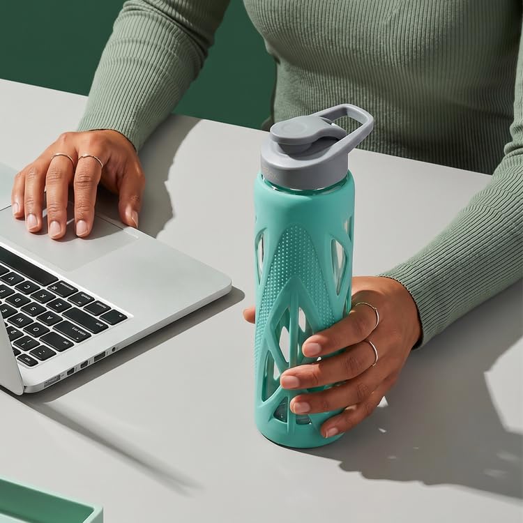 TintBox Borosilicate Glass Water Bottle with Silicone Sleeve | as seen on Shark Tank | perfect for Office, Home, Fridge, Gym, Travel | BPA Free | Power Blue | 7