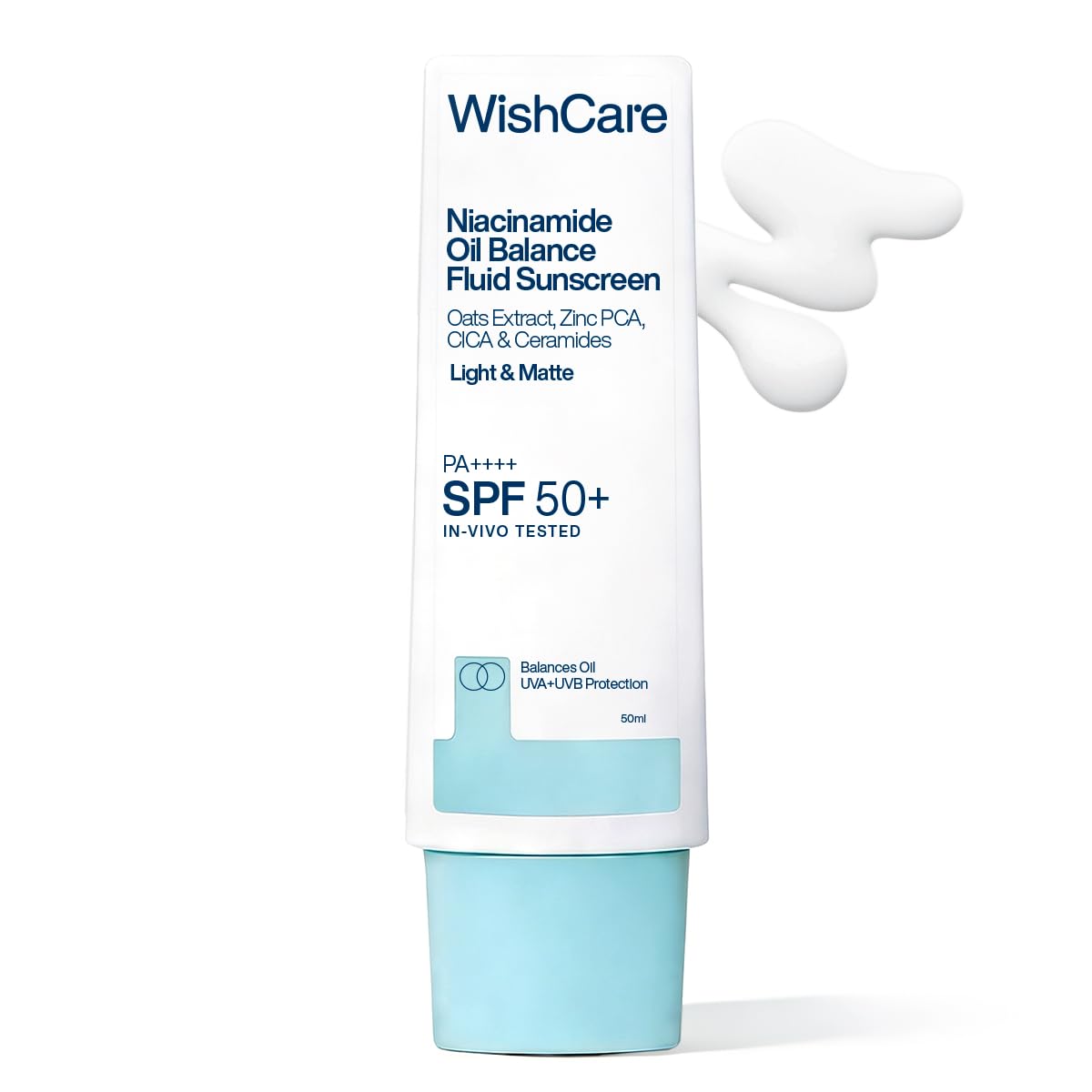 WishCare Niacinamide Oil Balance Fluid Sunscreen SPF 50 PA++++ In-Vivo Tested | 8Hrs+ SPF Protection | Lightweight, Matte & No White Cast | Photostable Sunscreen SPF 50 For Oily Skin, Sensitive, Dry & Combination Skin | For Women & Men | 50 ml