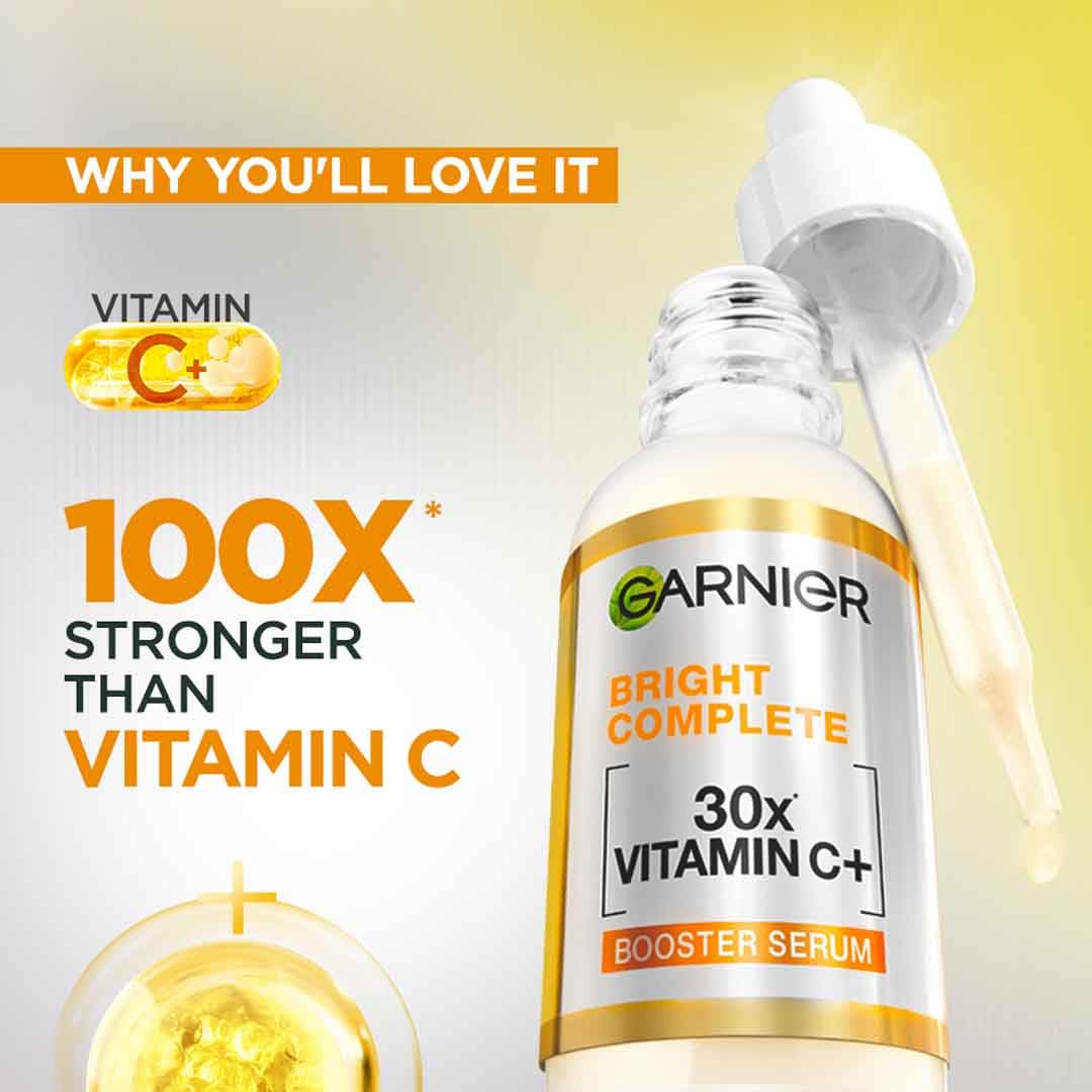 Garnier Skin Naturals, Bright Complete 30X Vitamin C Booster Face Serum, Increases Skin's Glow Instantly and Reduces Spots Overtime, with 2% Niacinamide + 0.5% Salicylic Acid, for Men & Women, 50 ml