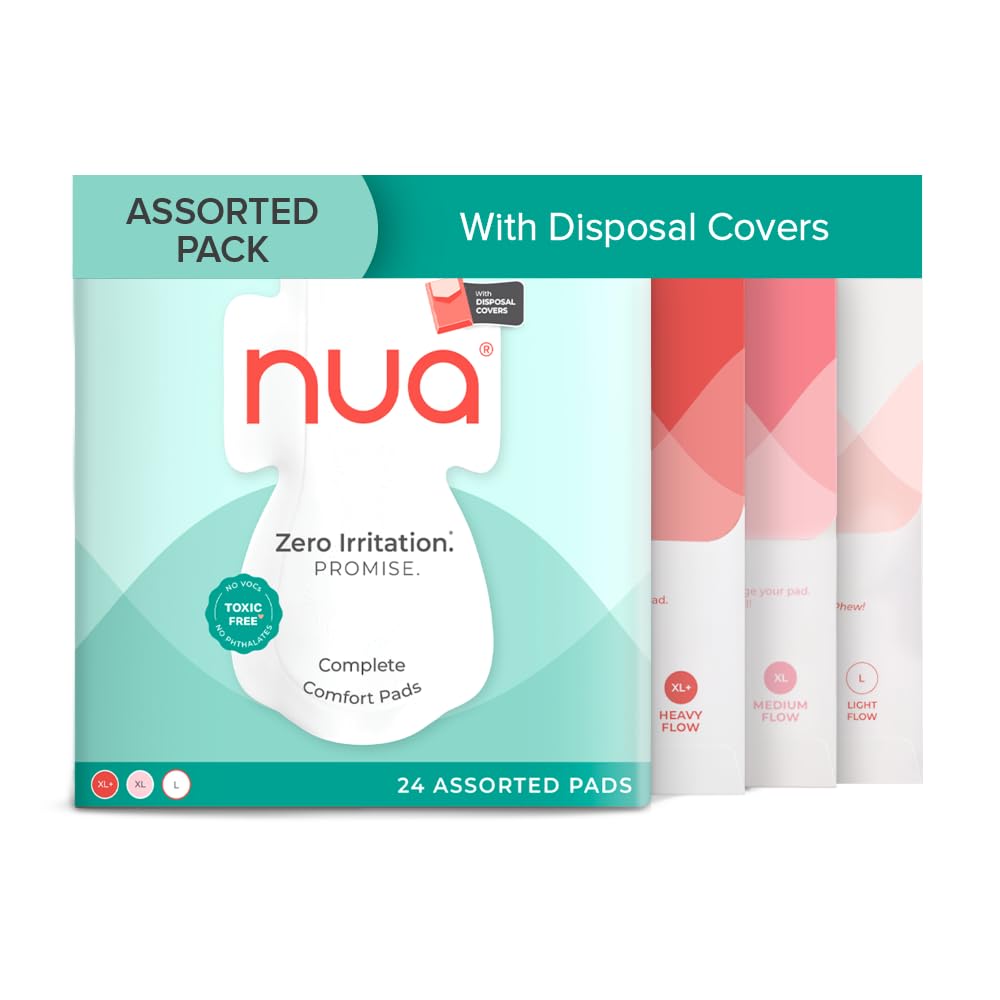 Nua Complete Comfort Sanitary Pads for Sensitive Skin | Pack of 24 Pads (6 Heavy Flow, 8 Medium Flow, 10 Light Flow) with Disposal covers | Zero Irritation | Co