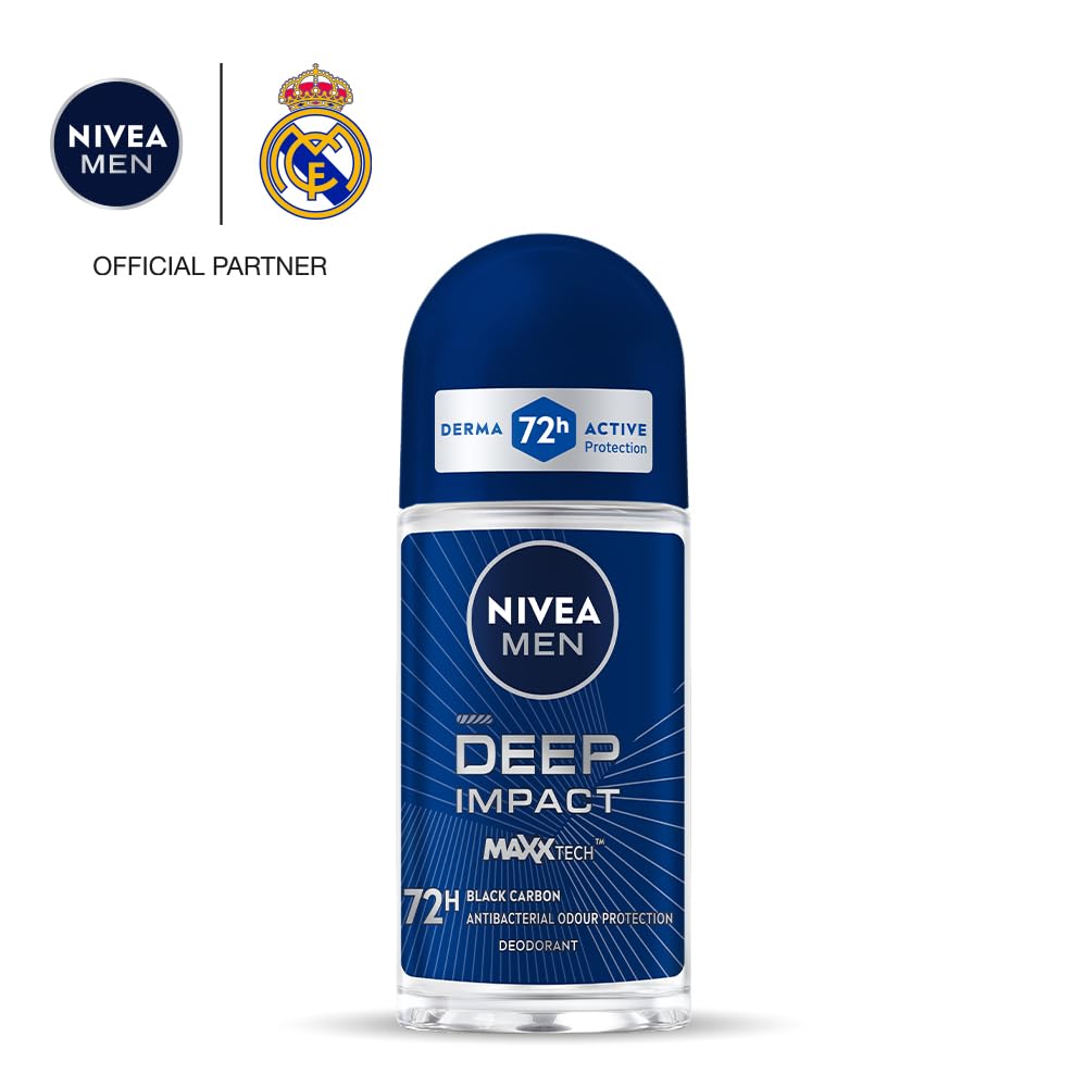 NIVEA MEN Deep Impact Freshness Underarm Roll On Deodorant for Men with Black Carbon | Long Lasting Antiperspirant Roll On for Body Odour Control | Alcohol Free