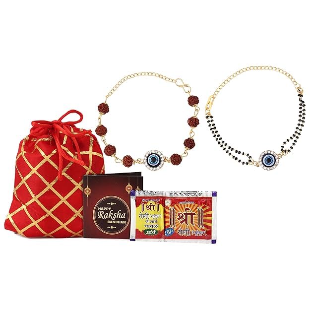 Kalakriti Handmade Rakhi for Brother and Bhabhi Combo Set of 2 With Designer Kundan Lumba Bracelet for Bhabhi With Roli Chawal, Raksha Bandhan Greeting Card and