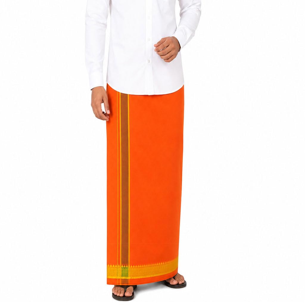 Men’s Cotton Single Layer Dhoti, 1.8 Meter Colored Lungi Sarong with Resham Designer Border Orange