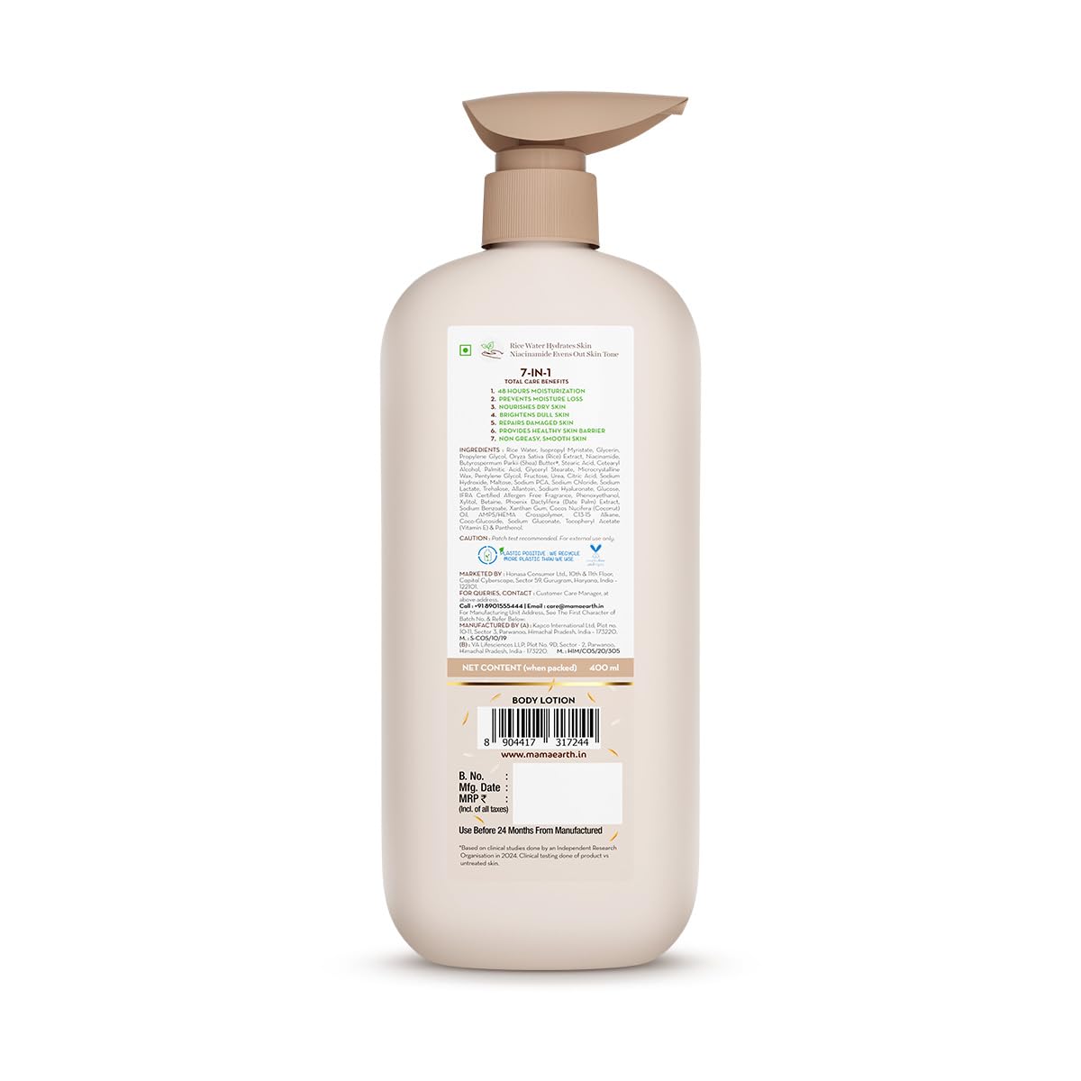 Mamaearth Rice Water Hydrating Body Lotion with Rice Water & Niacinamide for Dewy Glass Skin | 48 Hrs Moisturizating & Nourishing | For Dry Skin | 7 in1 Total C