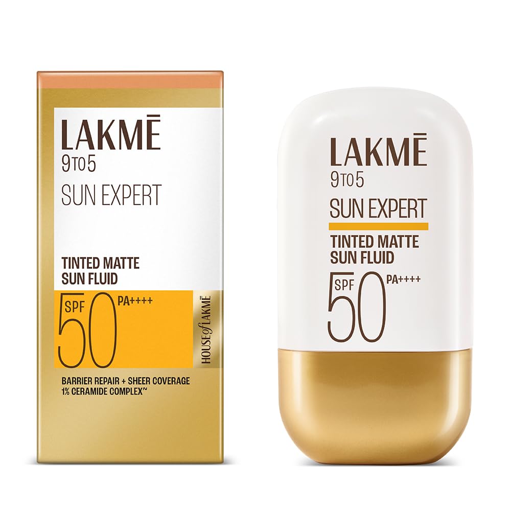 Lakme Sun Expert Tinted Dry Matte Sunscreen Fluid SPF 50+ PA++++ | 1% Ceramide Complex for Skin Barrier Repair | Sheer Coverage Foundation Like Finish – Bronze