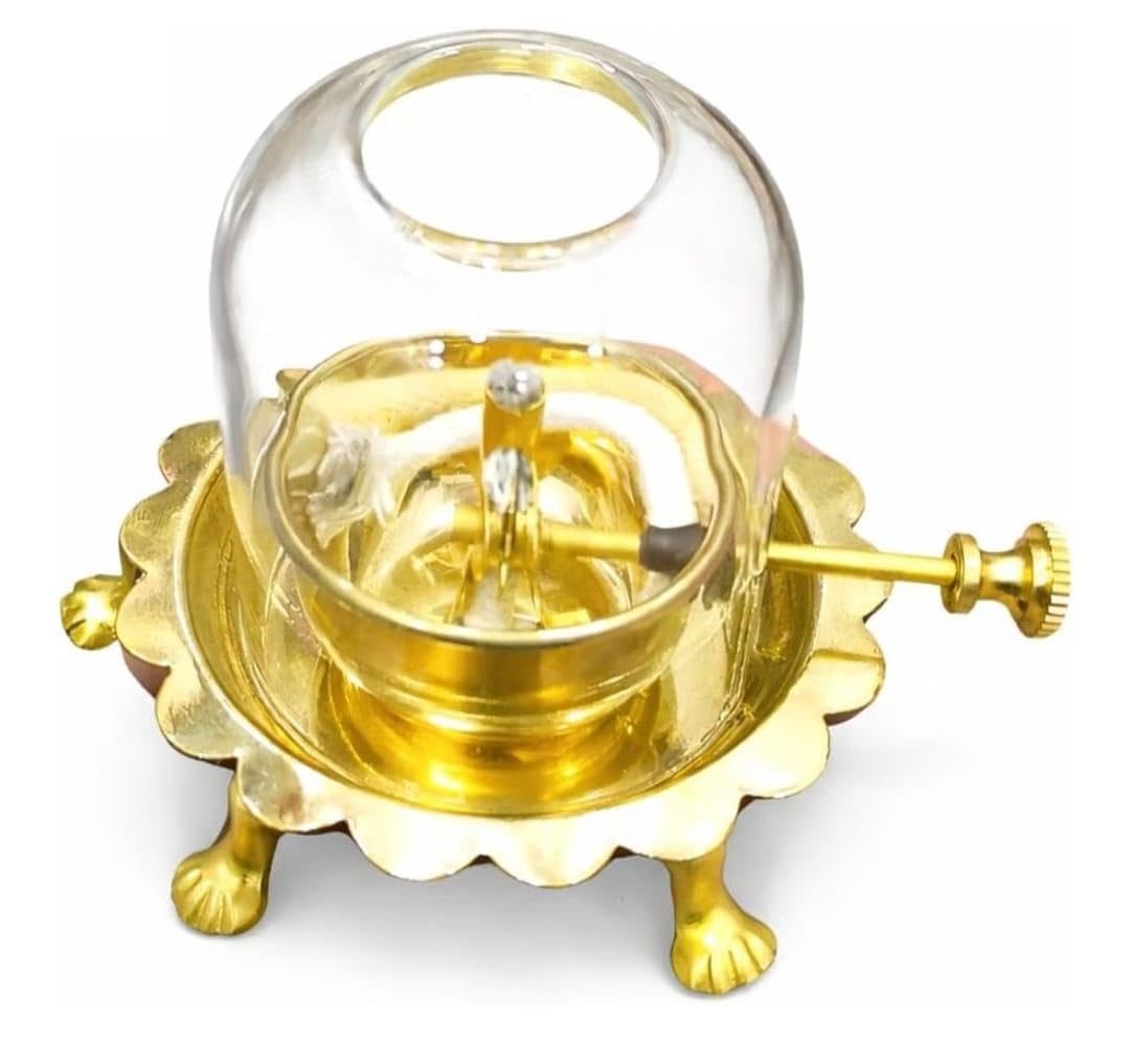Brass Akhand Jyoti Diya Lamp with Adjustable Bati Knob Lifting Screw Wick Holder & Glass Chimney 30 ml Oil Capacity with 12 Hours Burning time with Small Size