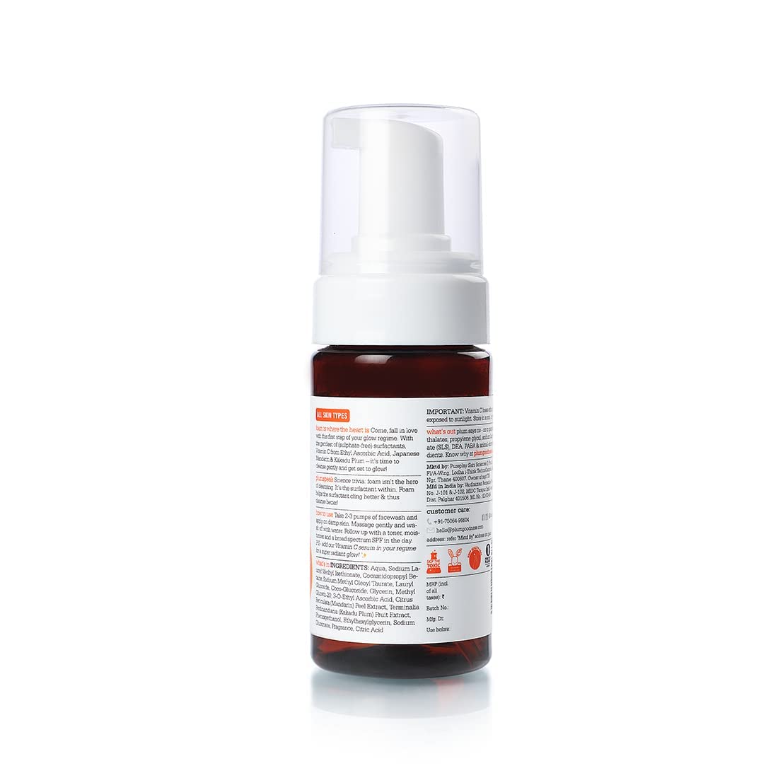 Plum Vitamin C Foaming Face Wash with Mandarin | For Glowing Skin | For Gentle Cleansing | For Hyperpigmentation & Dull Skin | Sulphate-Free | 100% Vegan 110ML,